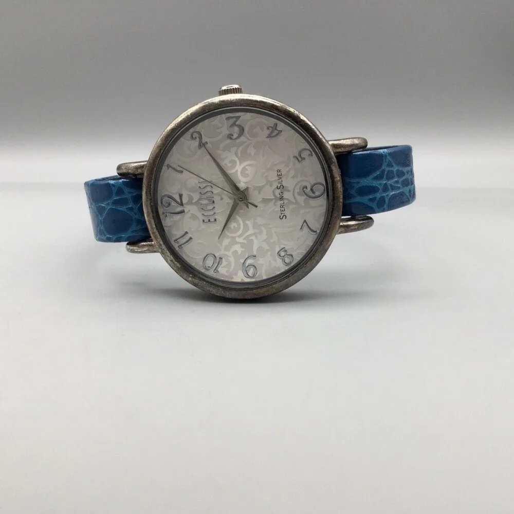 Ecclissi 23860 Womens Watch 36mm Sterling Silver Blue Leather New Battery